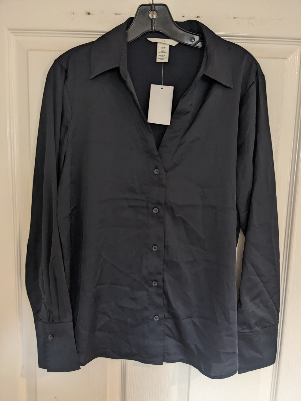 H&M Navy Satin-Look Button Front Blouse